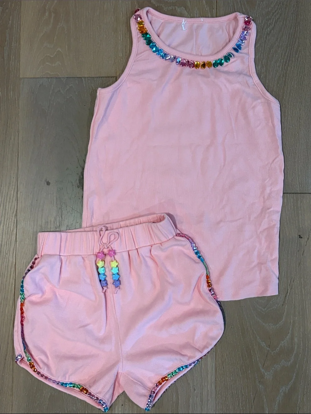 Lola + the boys Girls Pink Tank Top & Shorts Set with Rainbow Bead Trim